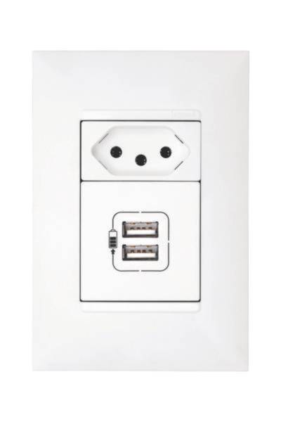 Carregador USB 2M 3000Ma+Tomada 2P+T 10A 250V Branca - Pial Plus+
