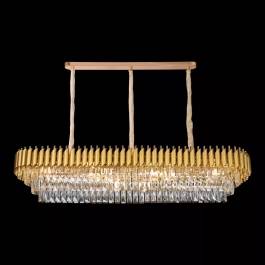 Lustre Pendente Retangular 140x35cm Metal e Cristal Dourado e Transparente