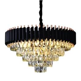 Lustre Pendente Redondo Ø55x36cm Metal e Cristal Preto e Transparente