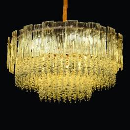 Lustre Pendente Redondo Ø75x34cm Metal e Cristal Dourado