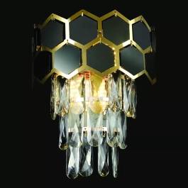 Arandela de Parede 29x23cm Inox e Cristal Dourado, Preto e Transparente