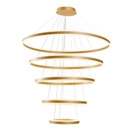 Pendente LED Redondo Quíntuplo 3000K 500W Bivolt Ø120cm Metal e Acrílico Dourado