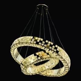 Pendente LED Redondo 3000K 146W Bivolt Ø80cm Inox e Cristal Dourado e Transparente