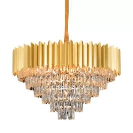Lustre Pendente Redondo Ø70x45cm Metal e Cristal Dourado e Transparente