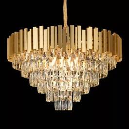 Lustre Pendente Ø72x43cm Metal e Cristal Dourado e Transparente