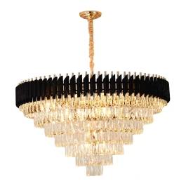 Lustre Pendente Redondo Ø95x48cm Metal e Cristal Preto e Transparente