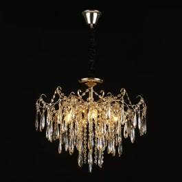 Lustre Pendente Ø60x50cm Metal e Cristal Dourado e Âmbar