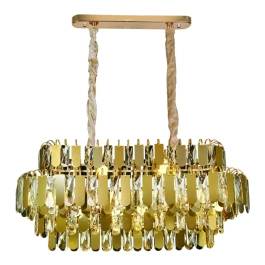 Lustre Pendente 30x80cm Inox e Cristal Dourado e Transparente