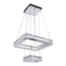 Pendente LED Quadrado Duplo 3000K/4000K/6000K Multitemperatura 84W Bivolt 50x50cm Metal e Cristal Cromado