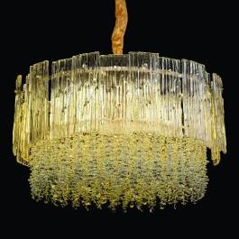 Lustre Pendente Redondo Ø55x32cm Metal e Cristal Dourado