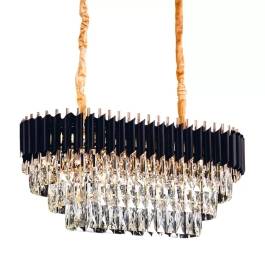 Lustre Pendente 35x75cm Metal e Cristal Preto e Transparente