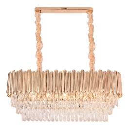 Lustre Pendente Retangular 40x96x33cm Metal e Cristal Dourado