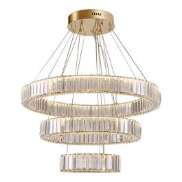 Pendente LED Redondo Triplo 3000K 76W Bivolt Ø60cm Metal e Cristal Dourado