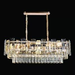 Lustre Pendente Retangular 80x30cm Metal e Cristal Dourado e Transparente