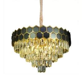 Lustre Pendente Redondo Ø58x37cm Metal e Cristal Dourado, Preto e Transparente