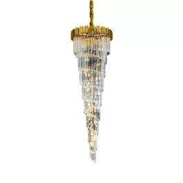Lustre Pendente 240xØ75cm Metal e Cristal Dourado e Transparente