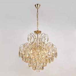 Lustre Pendente Ø60x68cm Metal e Cristal Dourado e Âmbar