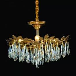 Lustre Pendente Ø50x35cm Metal e Cristal Dourado e Âmbar
