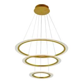 Pendente LED Redondo Triplo 3000K 95W Bivolt Ø70cm Alumínio e Acrílico Dourado