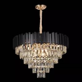 Lustre Pendente Redondo Ø70x45cm Metal e Cristal Preto e Transparente