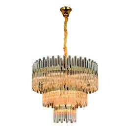 Lustre Pendente Redondo Ø60x45cm Metal e Cristal Dourado e Transparente